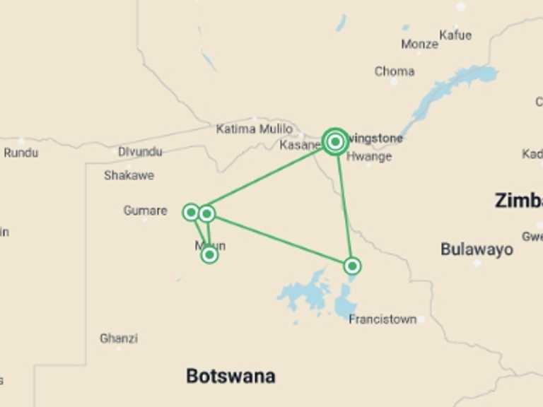 Map of Zimbabwe Wildlife Tour with 5 destination visits for the trip: Best of Botswana & Victoria Falls - 12 days