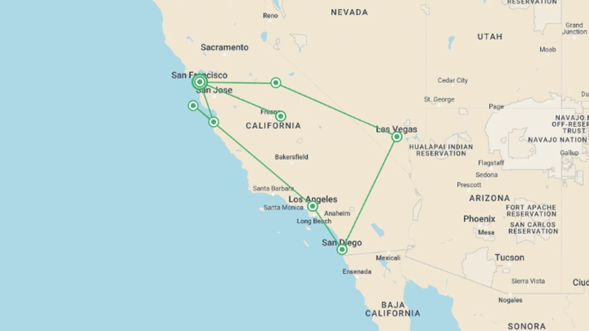 A map showing the tour itinerary for the trip: U.S. Small Group Tour - The Best of the West, starting in San Francisco, USA and ending in San Francisco, USA going through 7 other destinations.