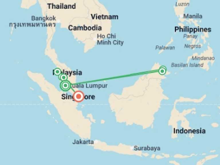 Map itinerary of South East Asia Tour in July 2026 with 7 destination visits for the trip: Malaysia, Borneo & Singapore Family Adventure - 12 days