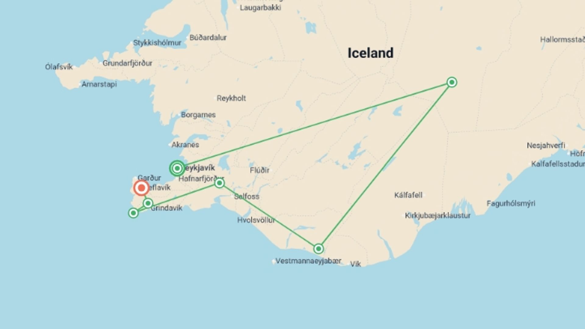 A map showing the tour itinerary for the trip: Iceland Solar Eclipse & Hidden Gems - 8 days, starting in Reykjavik, Iceland and ending in Keflavik, Iceland going through 5 other destinations.