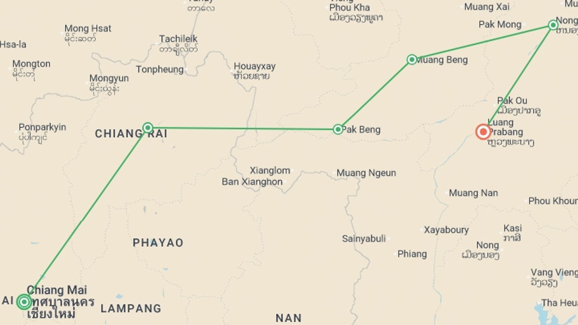 A map showing the tour itinerary for the trip: Cycling Chiang Mai to Luang Prabang, starting in Chiang Mai, Thailand and ending in Luang Prabang, Laos going through 4 other destinations.