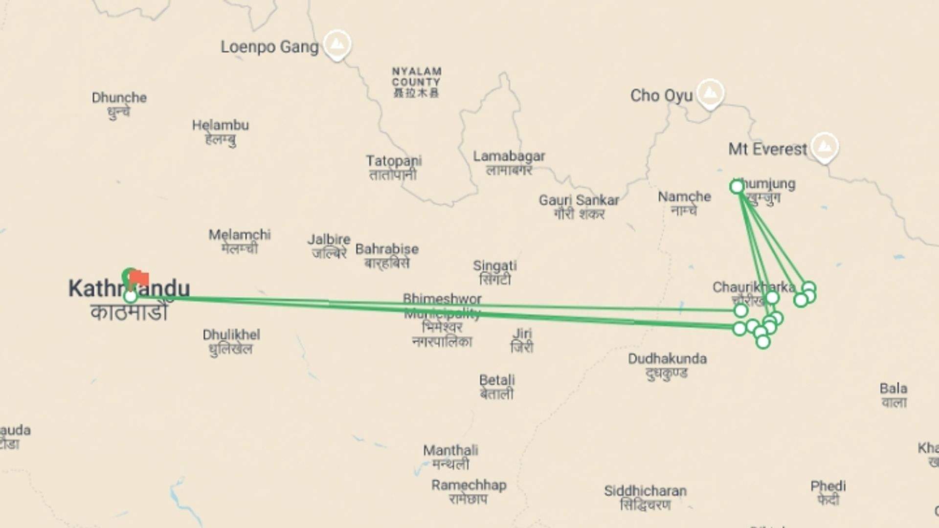 A map showing the tour itinerary for the trip: Mera Peak Climb, starting in Kathmandu, Nepal and ending in Kathmandu, Nepal going through 14 other destinations.