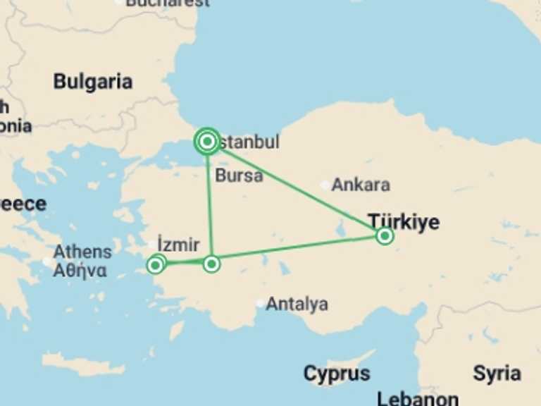 Map itinerary of Europe Tour in Fall with 5 destination visits for the trip: Enchanting Türkiye