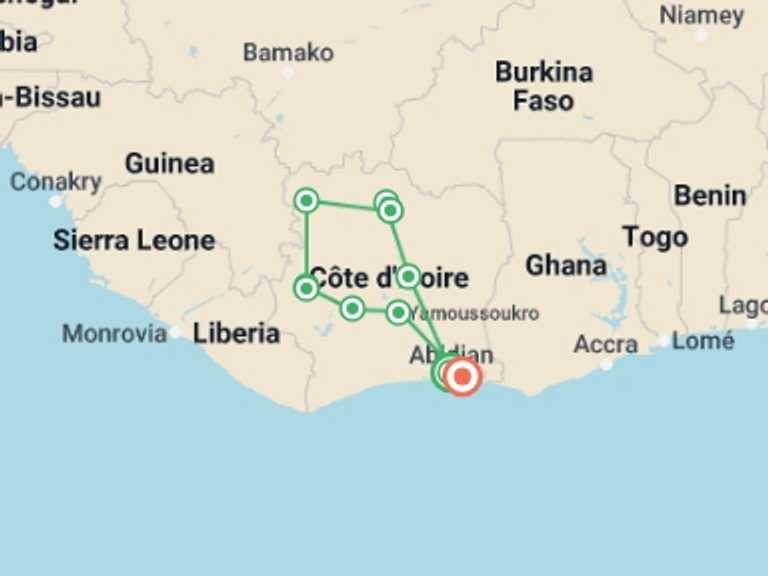 Map of a Active and outdoor Tour with 10 destination visits for the trip: The Ivory Coast
