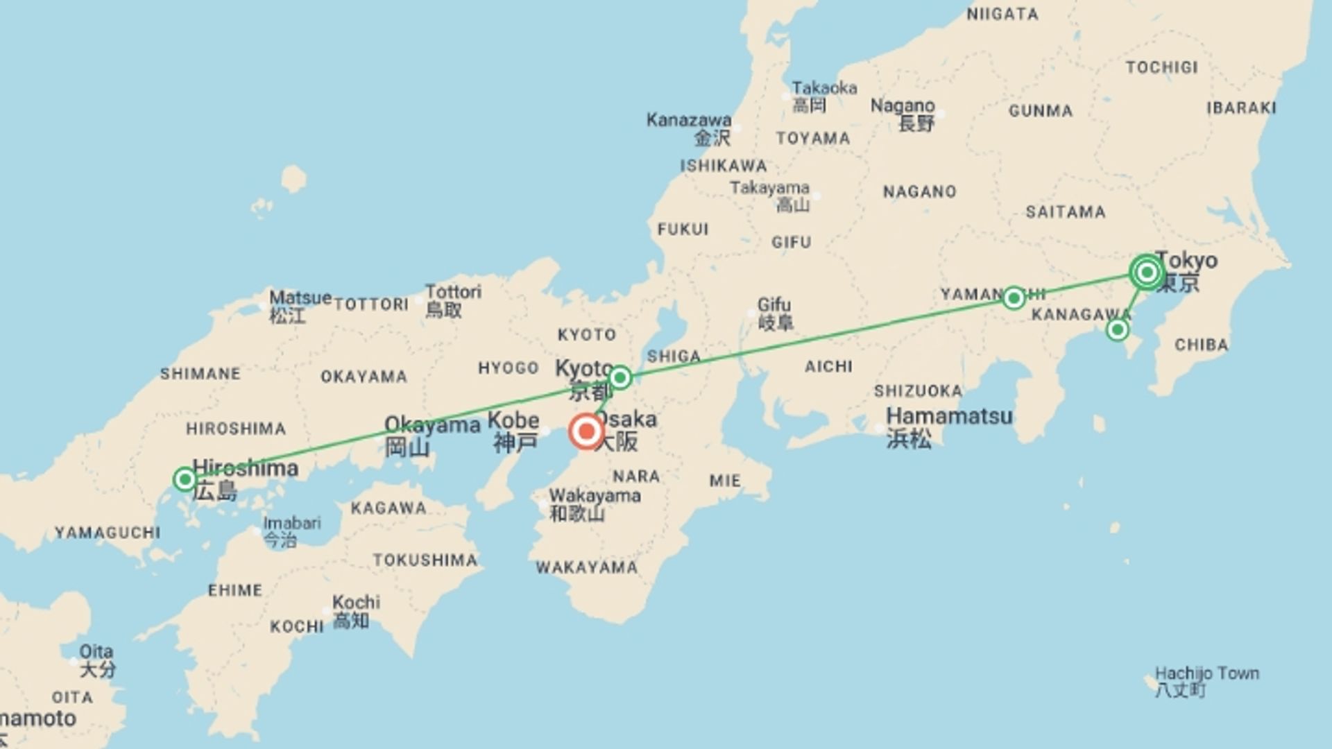 A map showing the tour itinerary for the trip: Land of the Samurai - 12 days, starting in Tokyo, Japan and ending in Osaka, Japan going through 4 other destinations.
