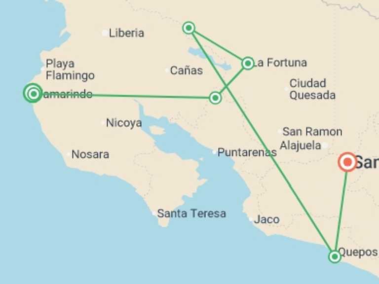 Map of South America Sightseeing Tour with 7 destination visits for the trip: Costa Rica: See & Experience it all in 11 days