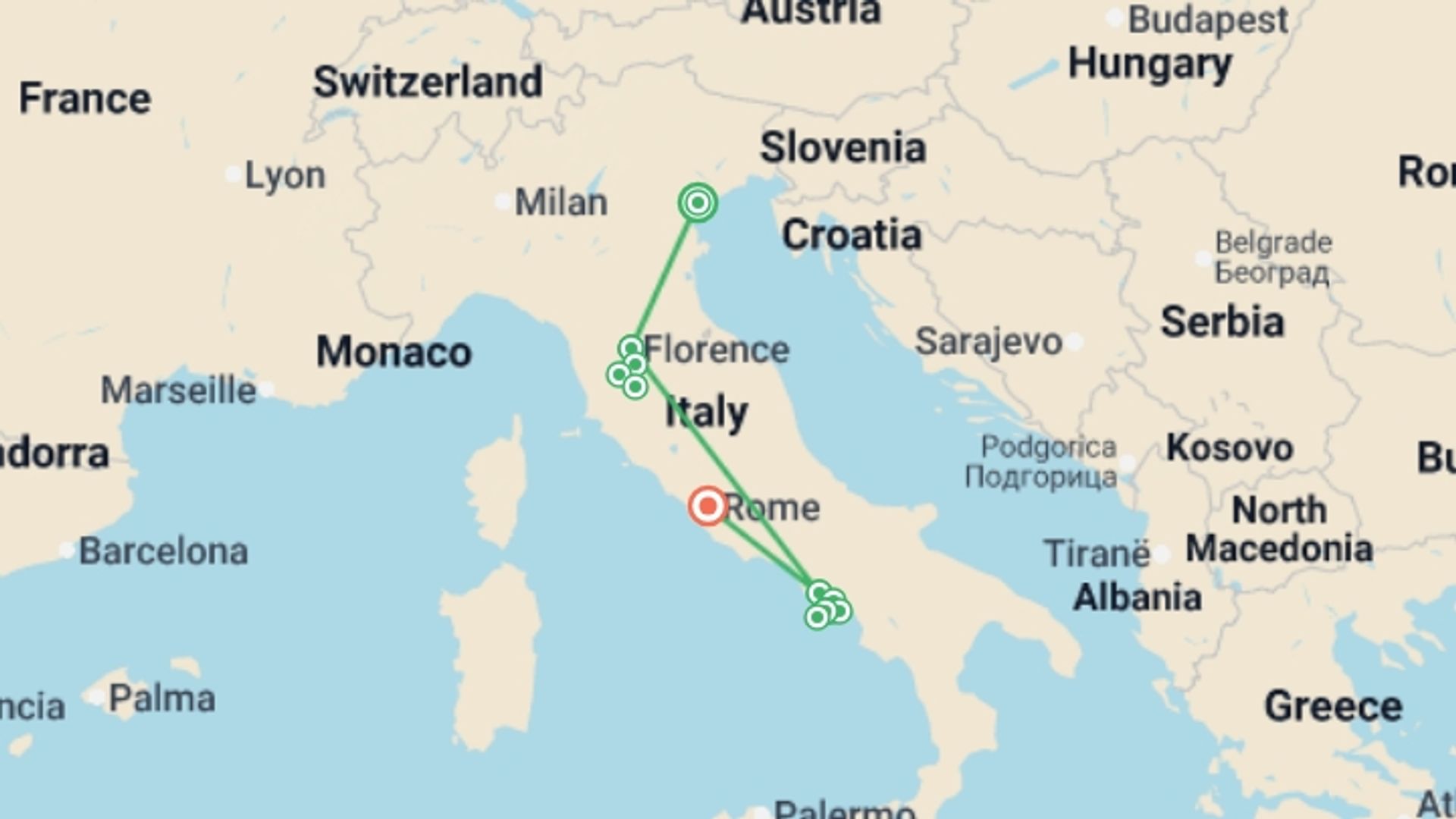 A map showing the tour itinerary for the trip: Best of Italy by Train  - 11 days, starting in Venice, Italy and ending in Rome, Italy going through 2 other destinations.