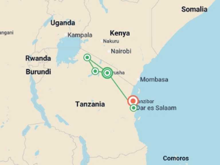 Map itinerary of Africa Tour in September 2026 with 6 destination visits for the trip: Serengeti to Zanzibar Overland Safari & Participation Camping