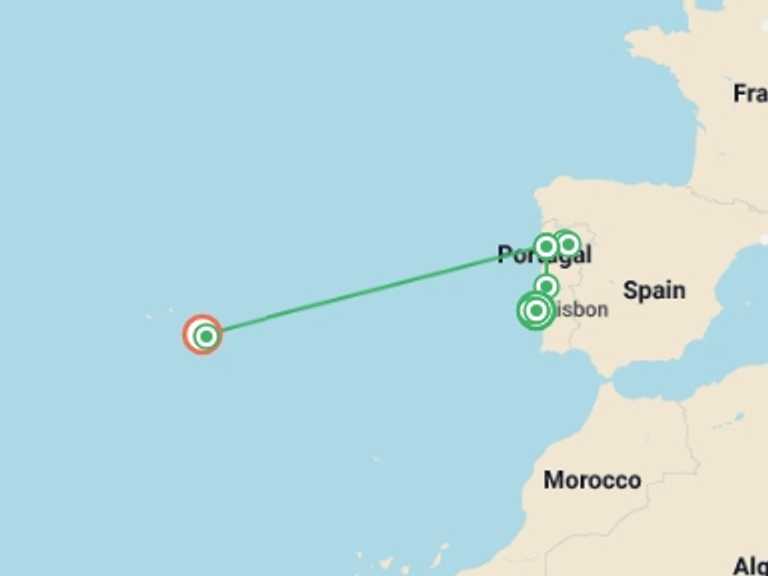 Map of Europe Tour with 3 destination visits for the trip: Wonders of Portugal & the Azores - 11 days