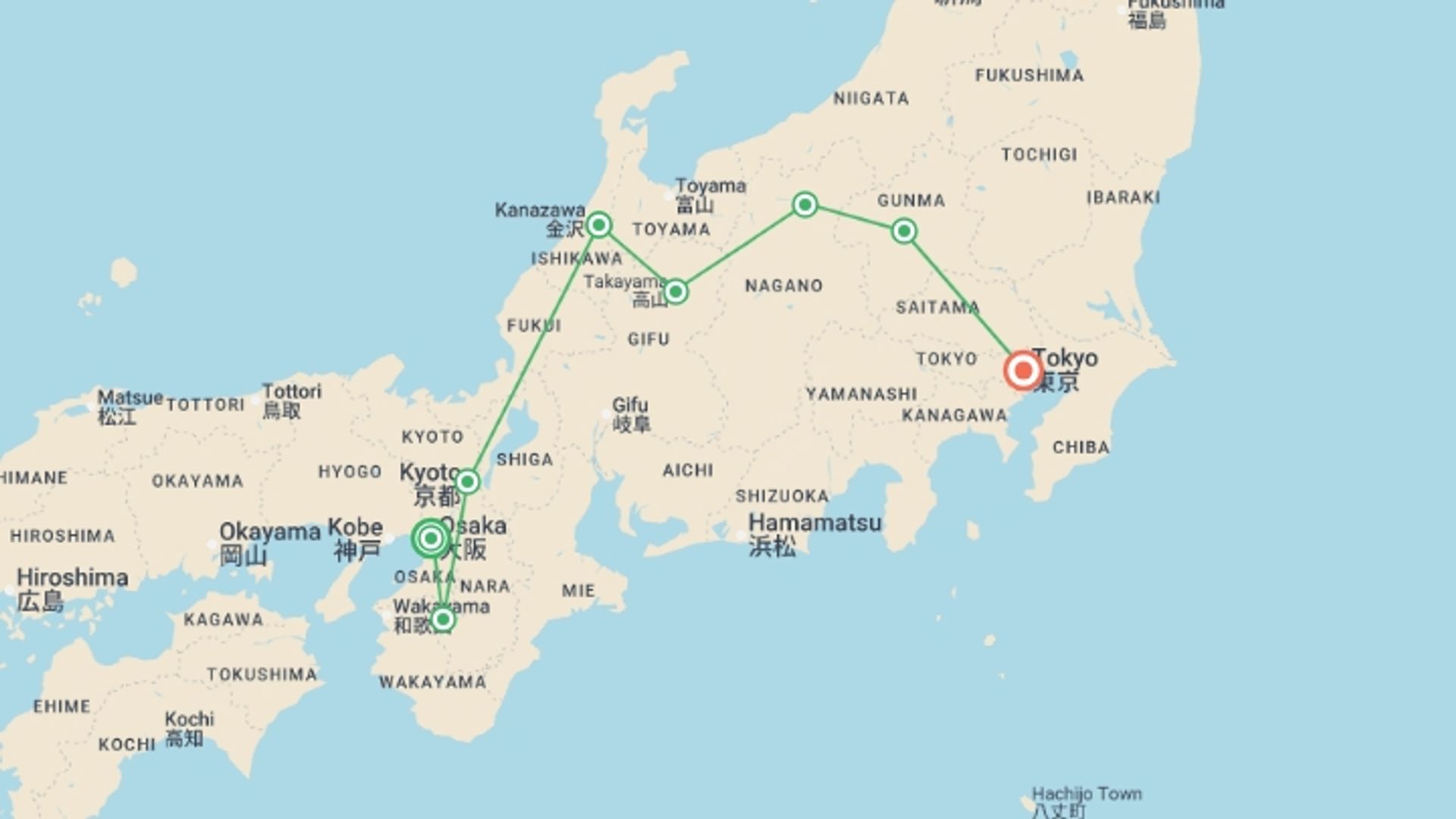 A map showing the tour itinerary for the trip: Timeless and Traditional Japan with Japanese Alps, starting in Osaka, Japan and ending in Tokyo, Japan going through 6 other destinations.