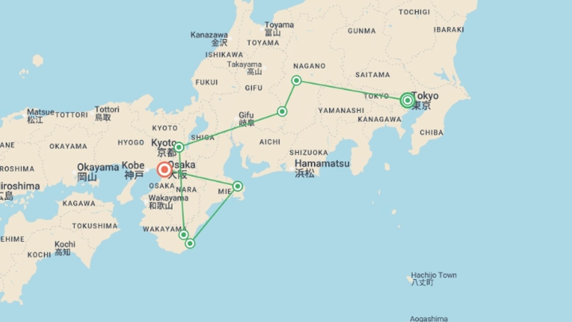 A map showing the tour itinerary for the trip: Japan: Hike, Bike & Kayak, starting in Tokyo, Japan and ending in Osaka, Japan going through 7 other destinations.