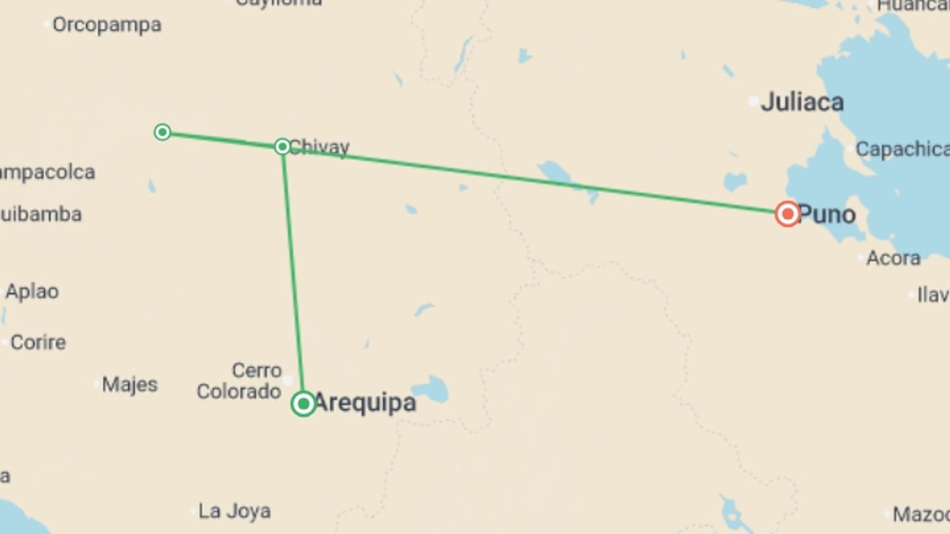 A map showing the tour itinerary for the trip: 3-day Colca Canyon Trek & trf Puno - Private Room - Transp/Guide, starting in Arequipa, Peru and ending in Arequipa, Peru going through 3 other destinations.
