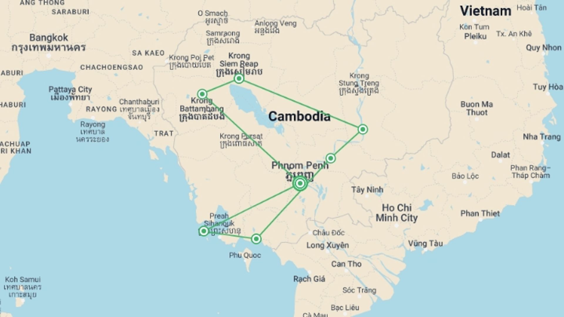 A map showing the tour itinerary for the trip: Ultimate Cambodian Adventure, starting in Phnom Penh, Cambodia and ending in Phnom Penh, Cambodia going through 6 other destinations.