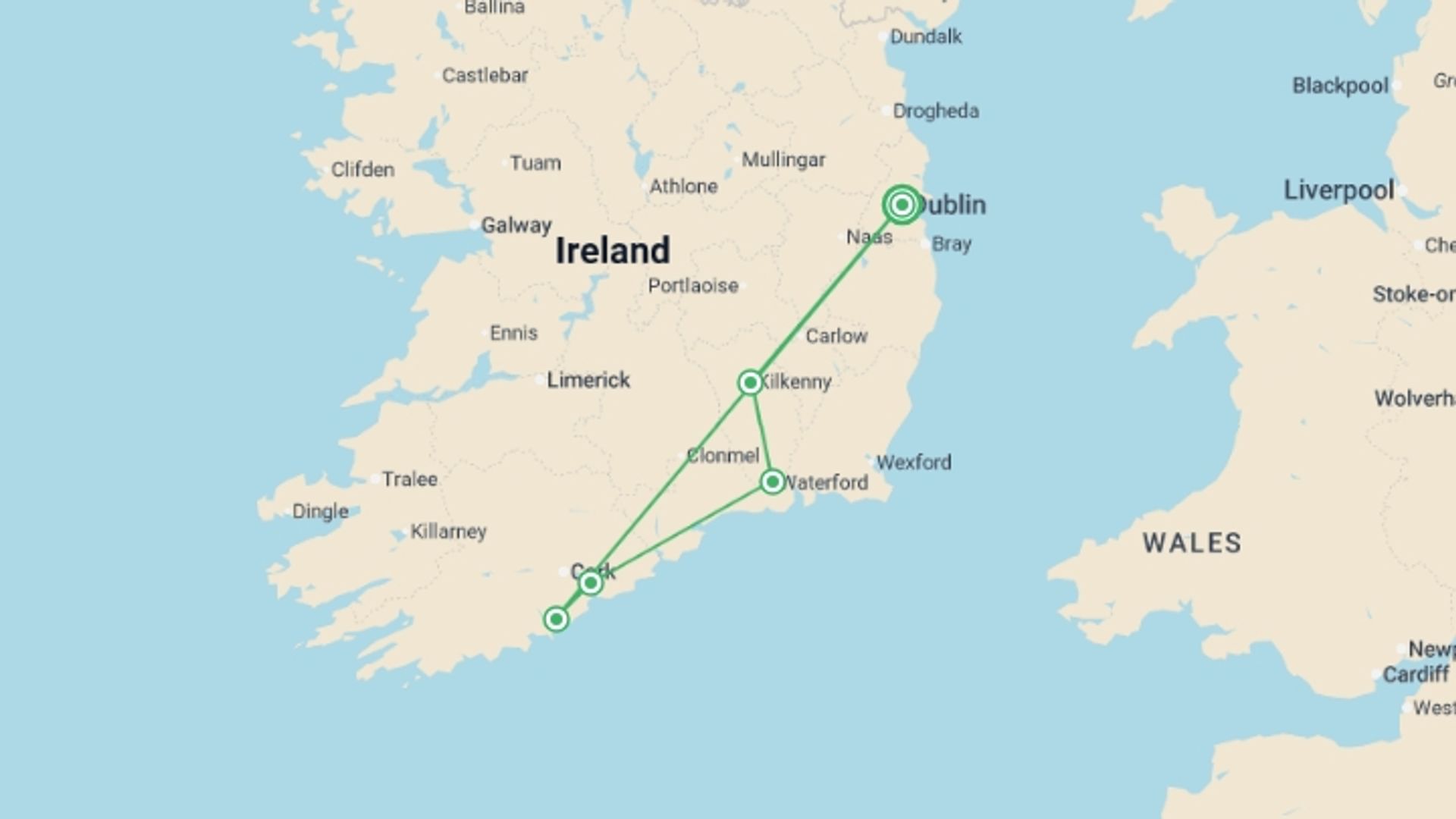 A map showing the tour itinerary for the trip: Blarney Castle, Whiskey and Mountains - 3 days, starting in Dublin, Ireland and ending in Dublin, Ireland going through 3 other destinations.