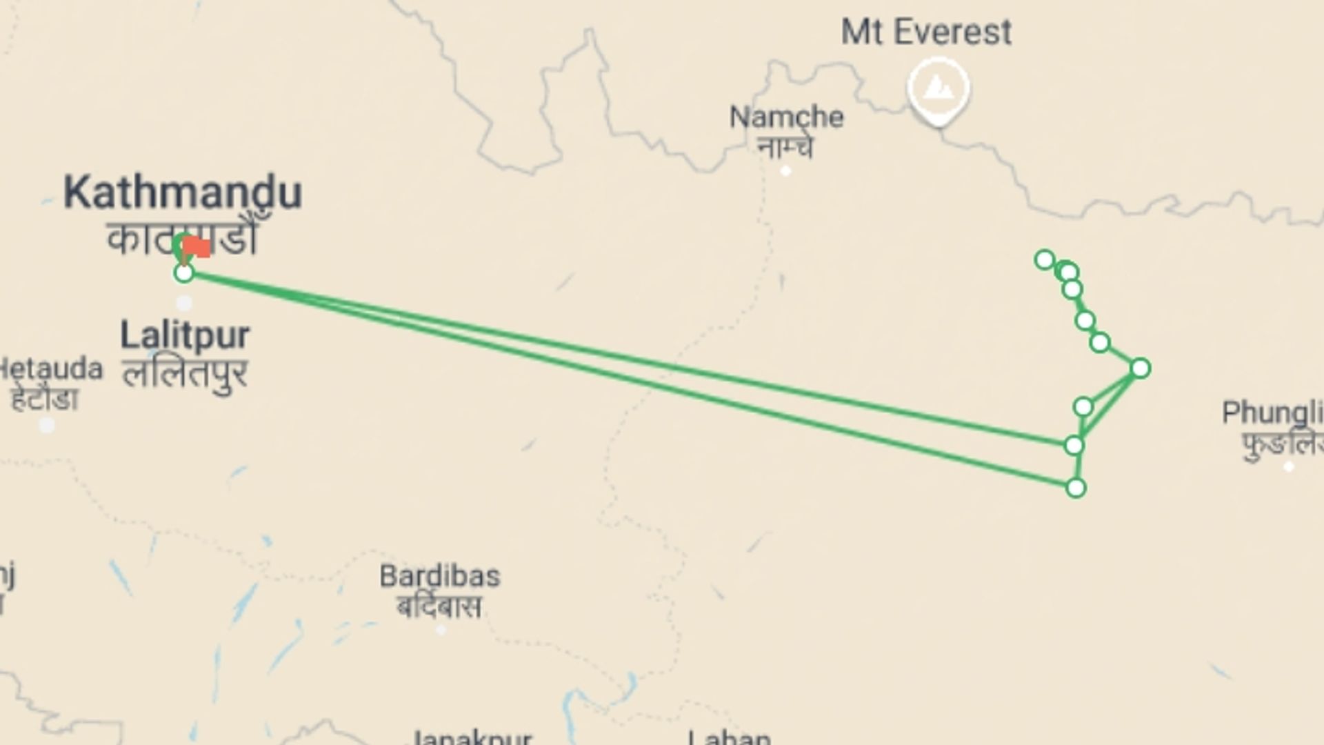 A map showing the tour itinerary for the trip: Makalu Base Camp trekking, starting in Kathmandu, Nepal and ending in Kathmandu, Nepal going through 11 other destinations.