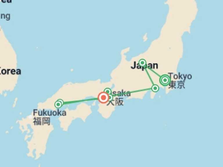 Map itinerary of Japan Tour in January 2027 with 8 destination visits for the trip: Japan Adventure 17 Day