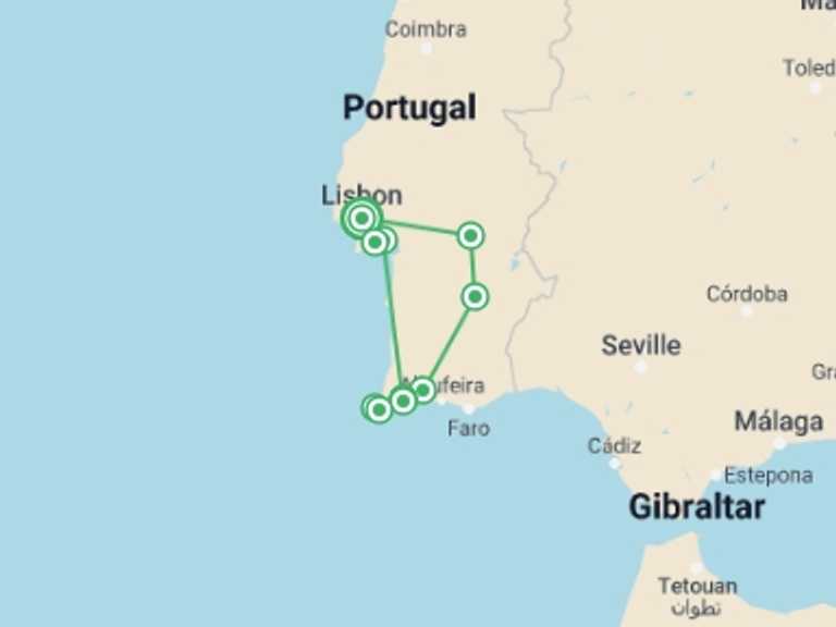 Map itinerary of Lisbon Tour in December 2025 with 3 destination visits for the trip: South Of Portugal