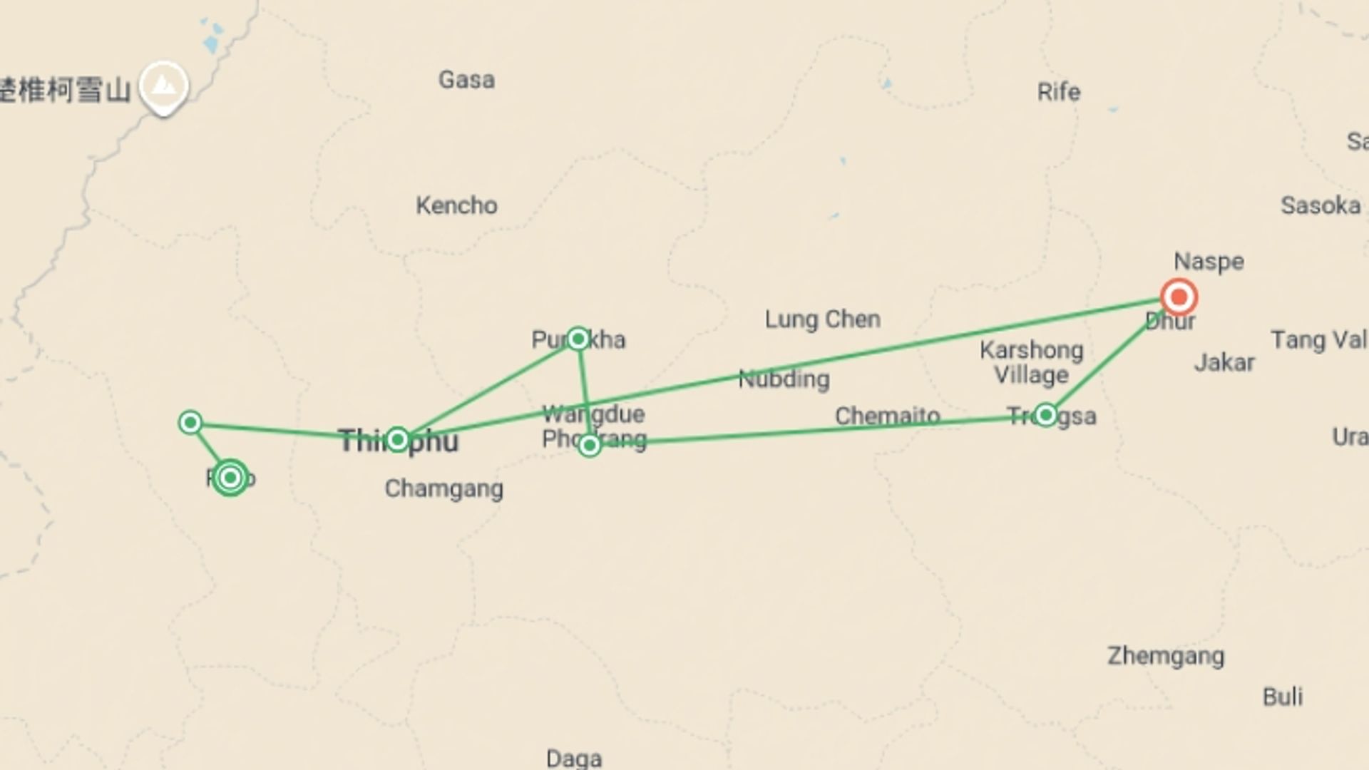 A map showing the tour itinerary for the trip: Central Bhutan Premium Small Group Tour, starting in Paro, Bhutan and ending in Bumthang district, Bhutan going through 4 other destinations.