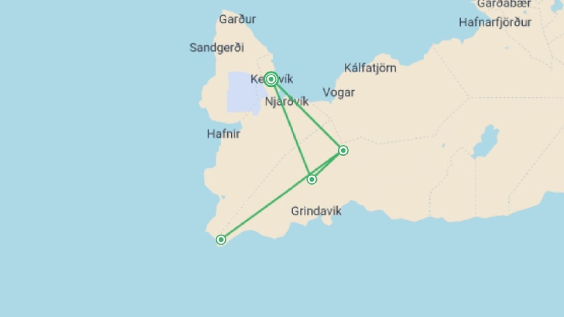 A map showing the tour itinerary for the trip: Solar Eclipse Discovery on the Reykjanes Peninsula - 5 days, starting in Keflavik, Iceland and ending in Keflavik, Iceland going through 3 other destinations.