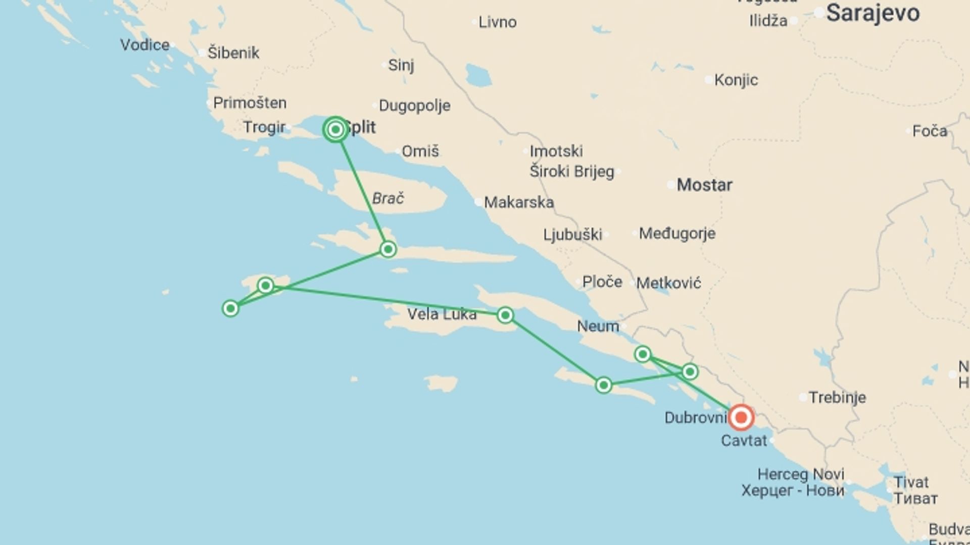 A map showing the tour itinerary for the trip: Jewels of the Adriatic from Split (Deluxe Superior) - 8 days, starting in Split, Croatia and ending in Dubrovnik, Croatia going through 3 other destinations.