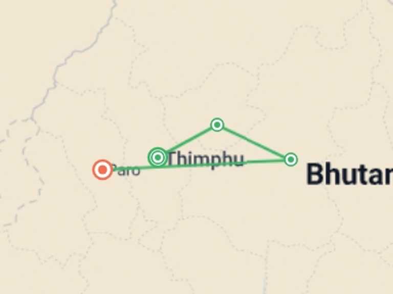 Map itinerary of Thimphu Tour in March 2026 with 4 destination visits for the trip: Premium Bhutan