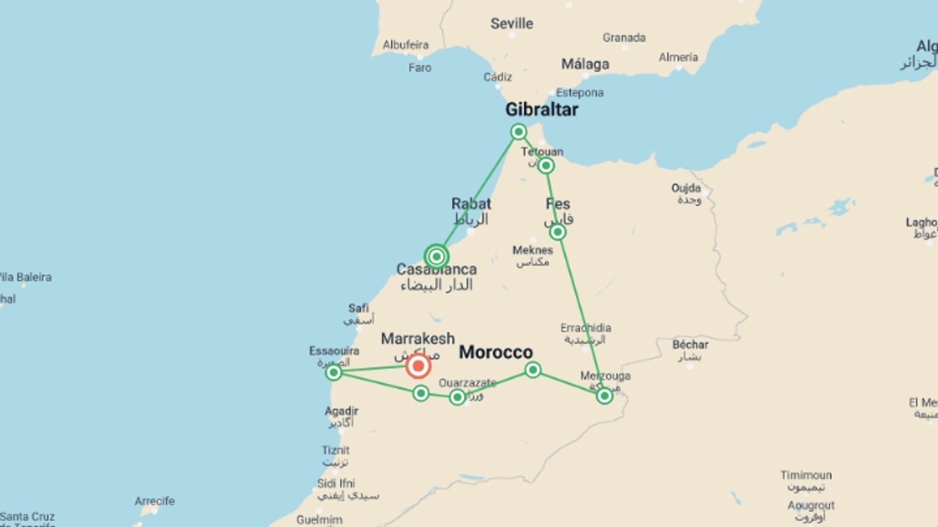 A map showing the tour itinerary for the trip: Highlights of Morocco, starting in Casablanca, Morocco and ending in Marrakech, Morocco going through 7 other destinations.