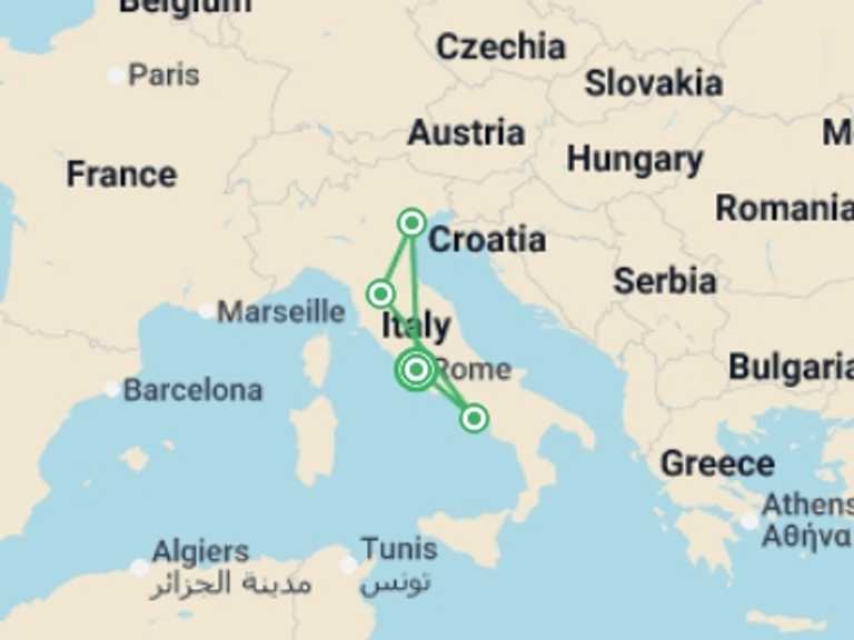 Map of Europe Cultural, religious and historic sites Tour with 4 destination visits for the trip: Real Italy