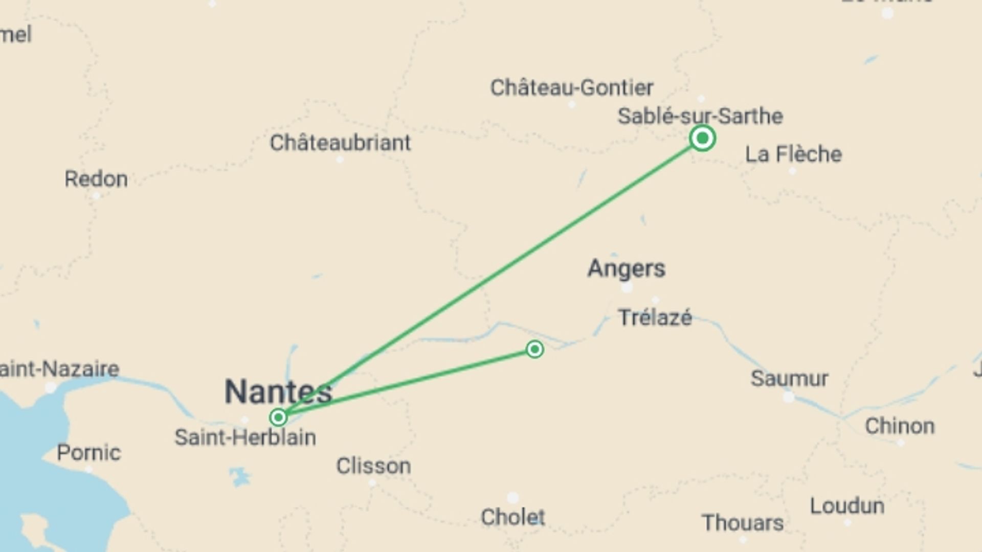 A map showing the tour itinerary for the trip: Fall Festival: The Wild, Majestic Loire River, starting in Pays de la Loire, France and ending in Pays de la Loire, France going through 2 other destinations.