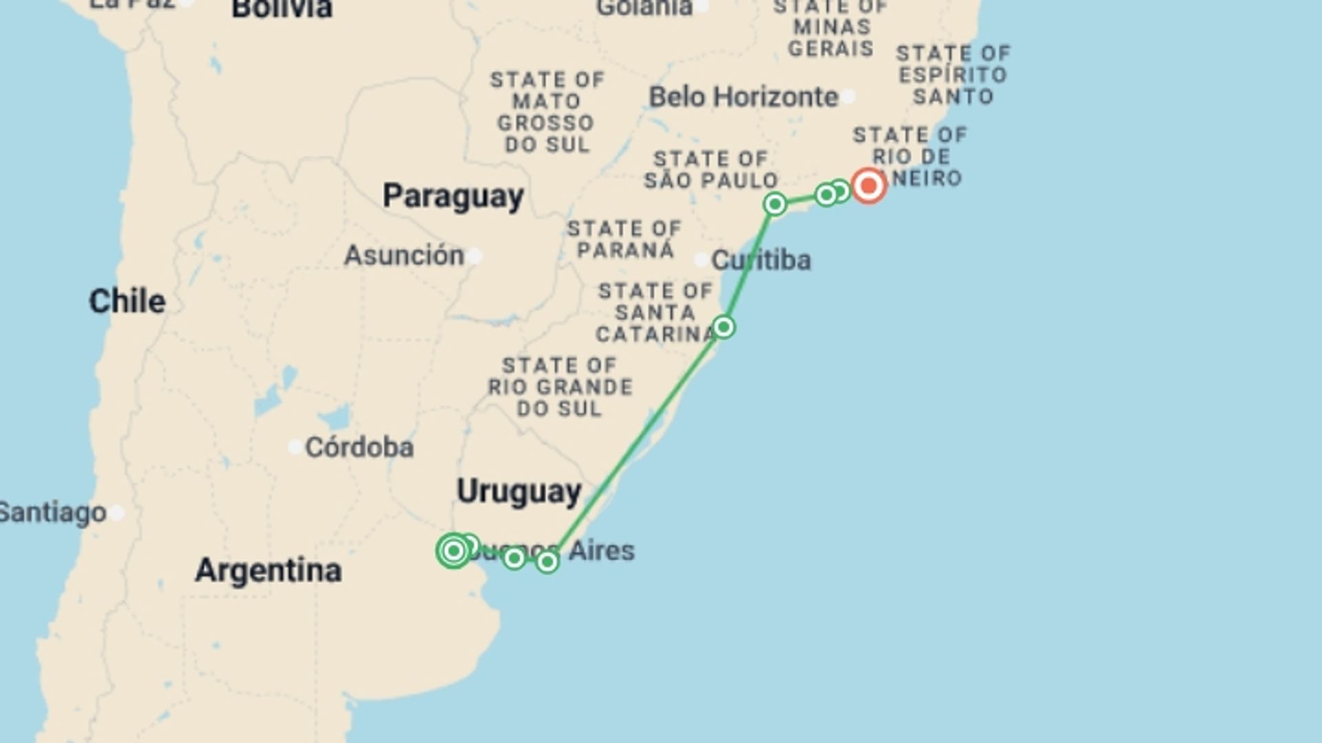 A map showing the tour itinerary for the trip: Buenos Aires to Rio de Janeiro (via Uruguay) Travel Pass, starting in Buenos Aires, Argentina and ending in Rio de Janeiro, Brazil going through 7 other destinations.