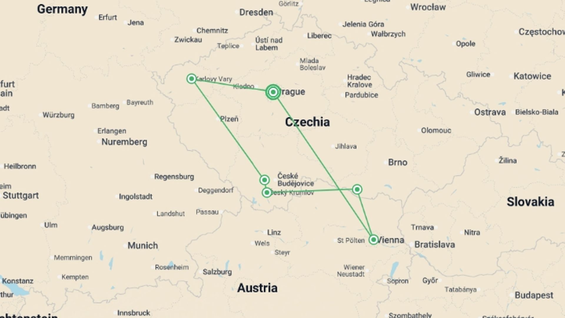 A map showing the tour itinerary for the trip: Prague & Czechia UNESCO Tour – 10 Days with Vienna, starting in Prague, Czech Republic and ending in Prague, Czech Republic going through 6 other destinations.