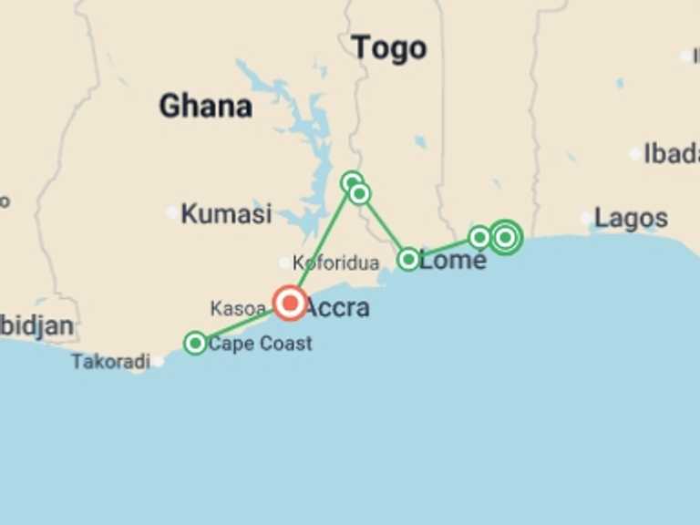 Map of Africa Tour with 7 destination visits for the trip: Benin, Togo & Ghana Adventure