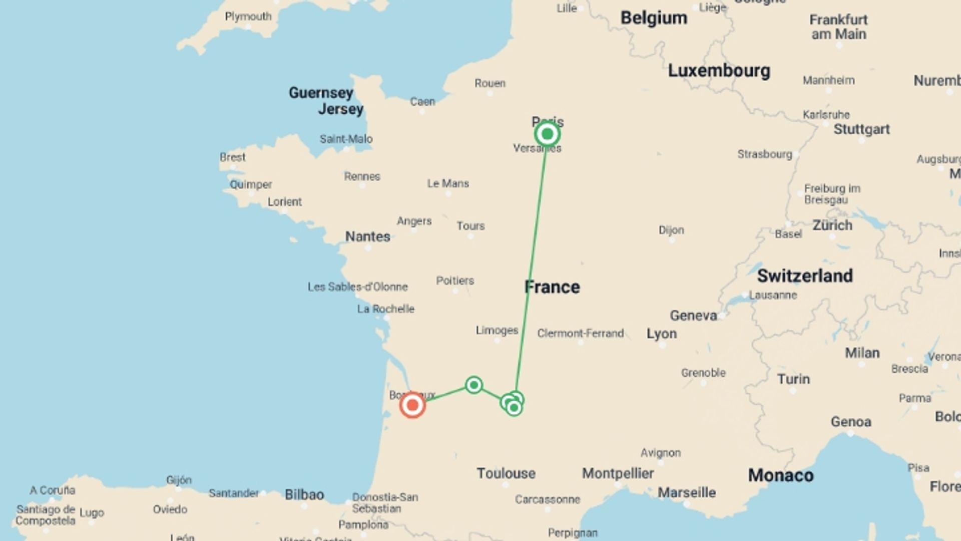 A map showing the tour itinerary for the trip: Canoeing on the Dordogne, starting in Paris, France and ending in Bordeaux, France going through 4 other destinations.