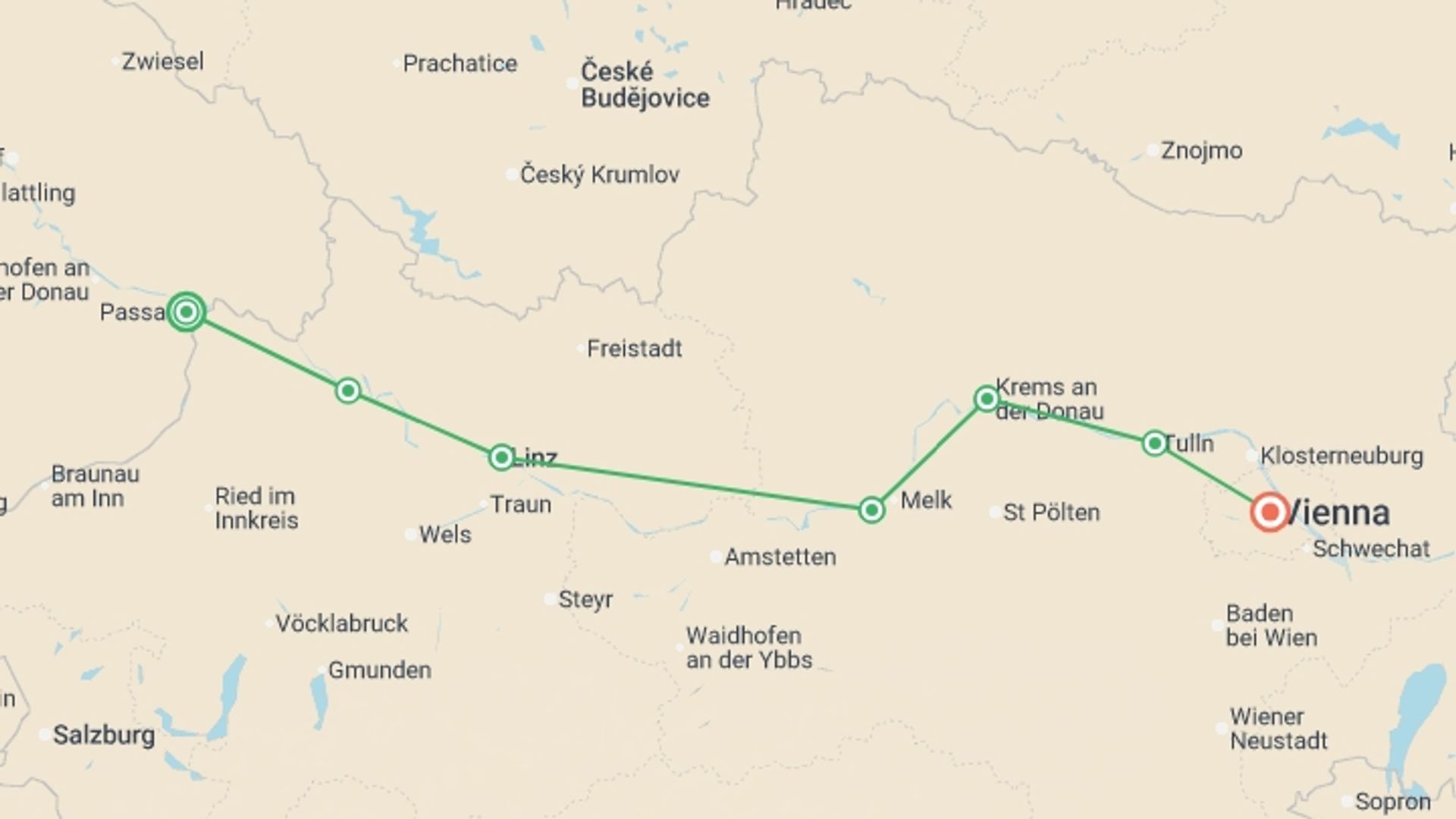 A map showing the tour itinerary for the trip: Passau to Vienna Cycling, starting in Passau, Germany and ending in Vienna, Austria going through 5 other destinations.
