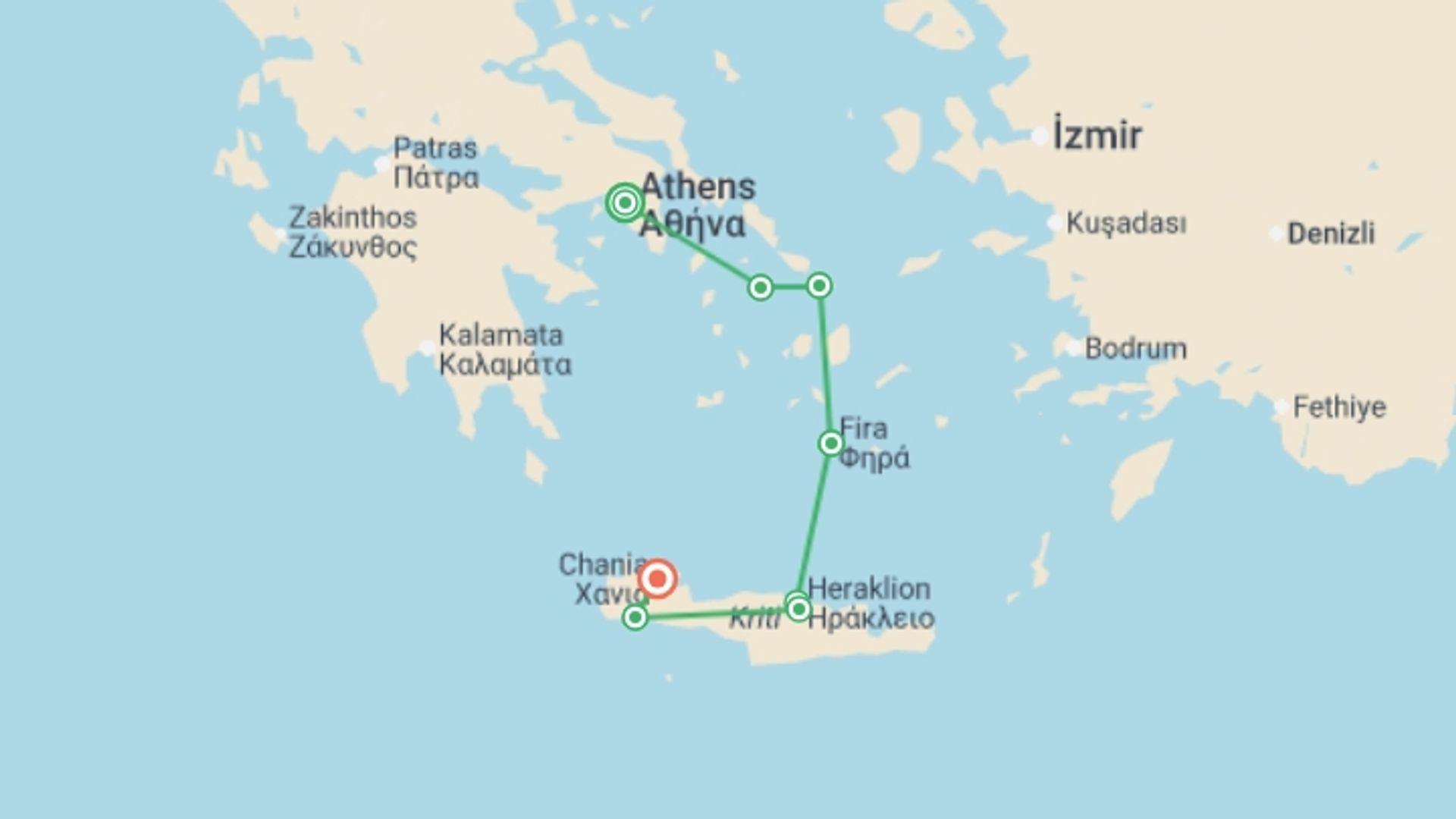 A map showing the tour itinerary for the trip: The Best of Greek Islands, starting in Athens, Greece and ending in Chania, Greece going through 6 other destinations.