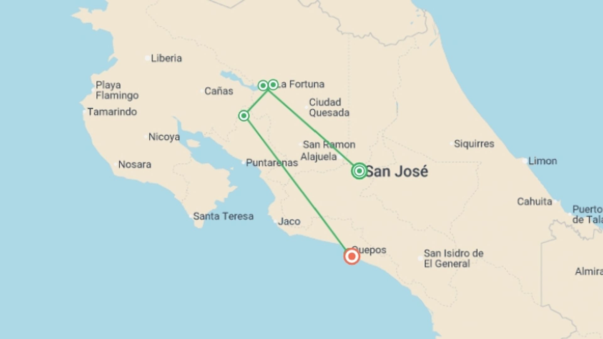 A map showing the tour itinerary for the trip: Solo-ish Costa Rica, starting in San Jose, Costa Rica and ending in Manuel Antonio National Park, Costa Rica going through 3 other destinations.