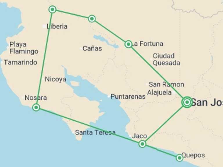 Map itinerary of South America Tour in June 2026 with 5 destination visits for the trip: Classic Costa Rica Adventure  - 13 days