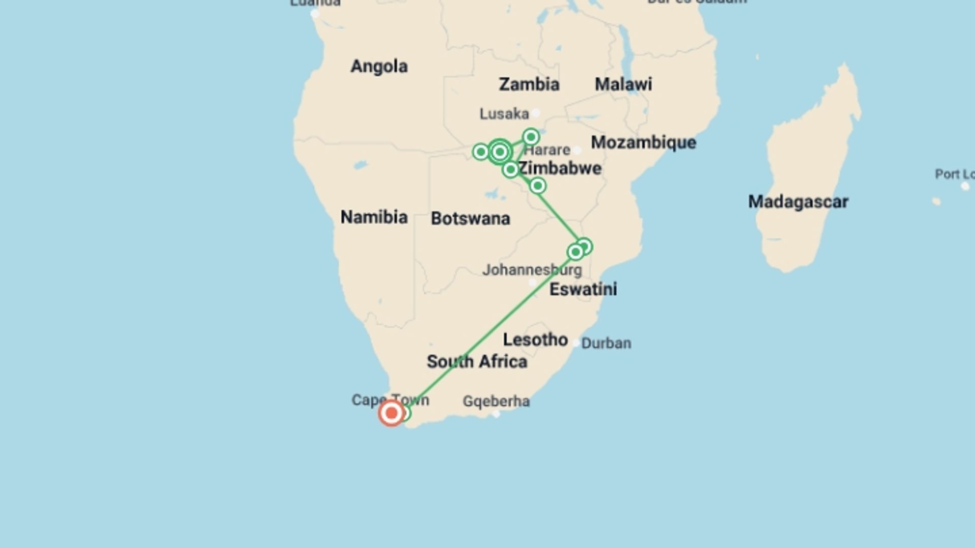 A map showing the tour itinerary for the trip: Southern Africa: National Parks of Zimbabwe & Kruger Wildlife Tracking, starting in Victoria Falls, Zimbabwe and ending in Cape Town, South Africa going through 7 other destinations.
