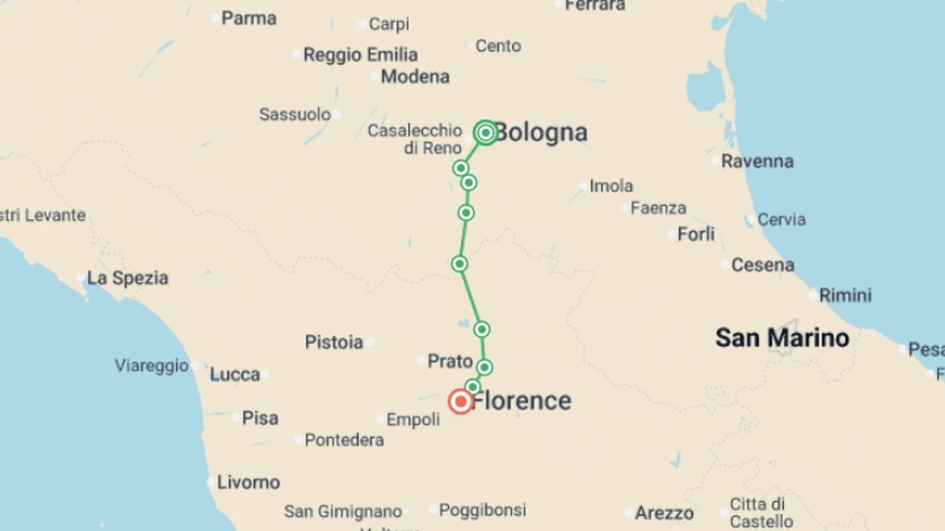 A map showing the tour itinerary for the trip: Via Degli Dei: Bologna to Florence, starting in Bologna, Italy and ending in Florence, Italy going through 6 other destinations.