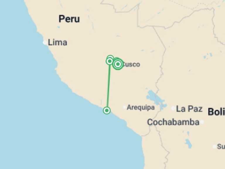 Map of 7-Day Cusco Tour with 6 destination visits for the trip: Salkantay Trek & Machu Picchu