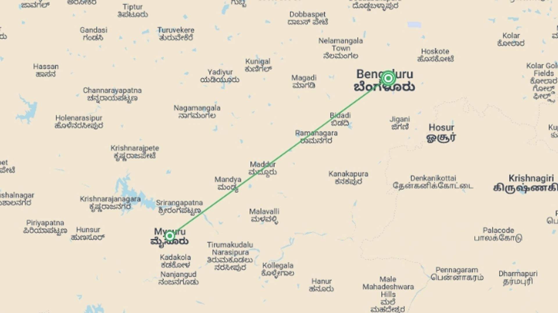 A map showing the tour itinerary for the trip: Bangalore & Mysore - 6 days, starting in Bangalore, India and ending in Bangalore, India going through 1 other destinations.