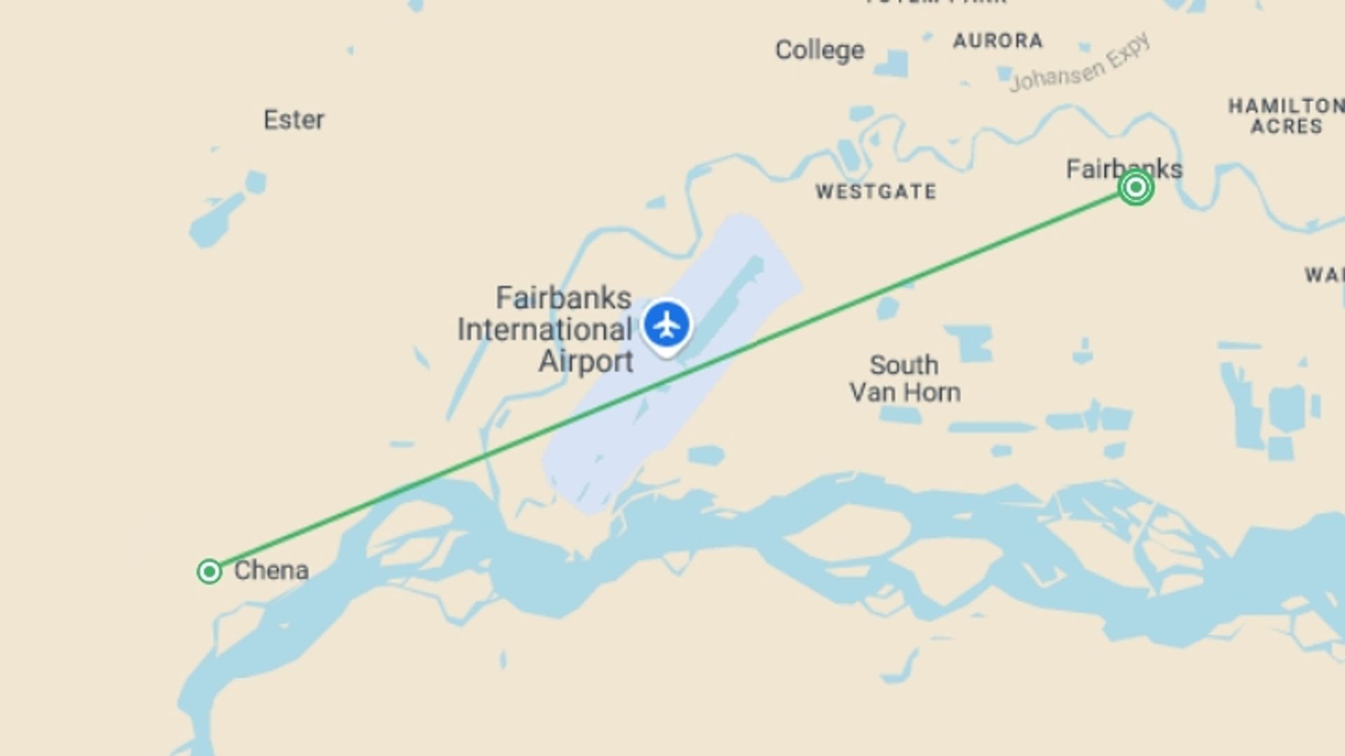 A map showing the tour itinerary for the trip: Alaska Northern Lights Adventure - 6 days, starting in Fairbanks, USA and ending in Fairbanks, USA going through 1 other destinations.