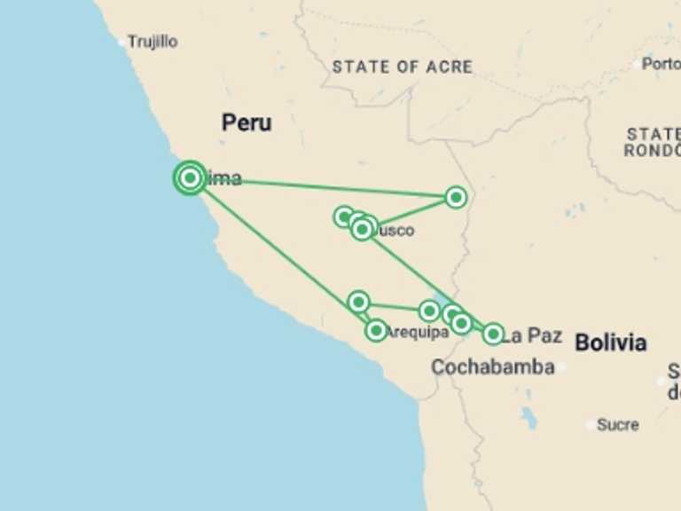 Map itinerary of South America Tour in January 2027 with 10 destination visits for the trip: Peru Encompassed - 20 days