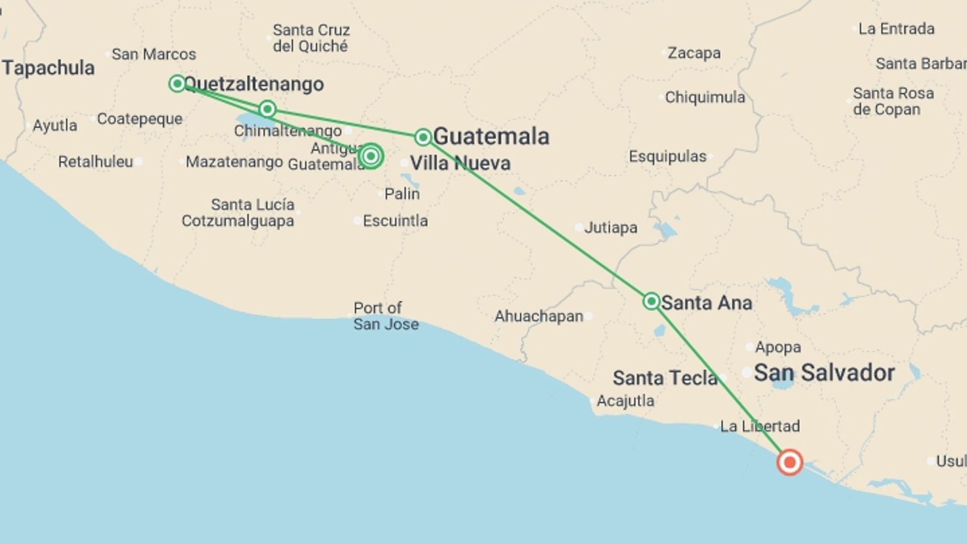 A map showing the tour itinerary for the trip: Guatemala & Beyond, starting in Antigua, Guatemala and ending in Costa Del Sol, El Salvador going through 4 other destinations.