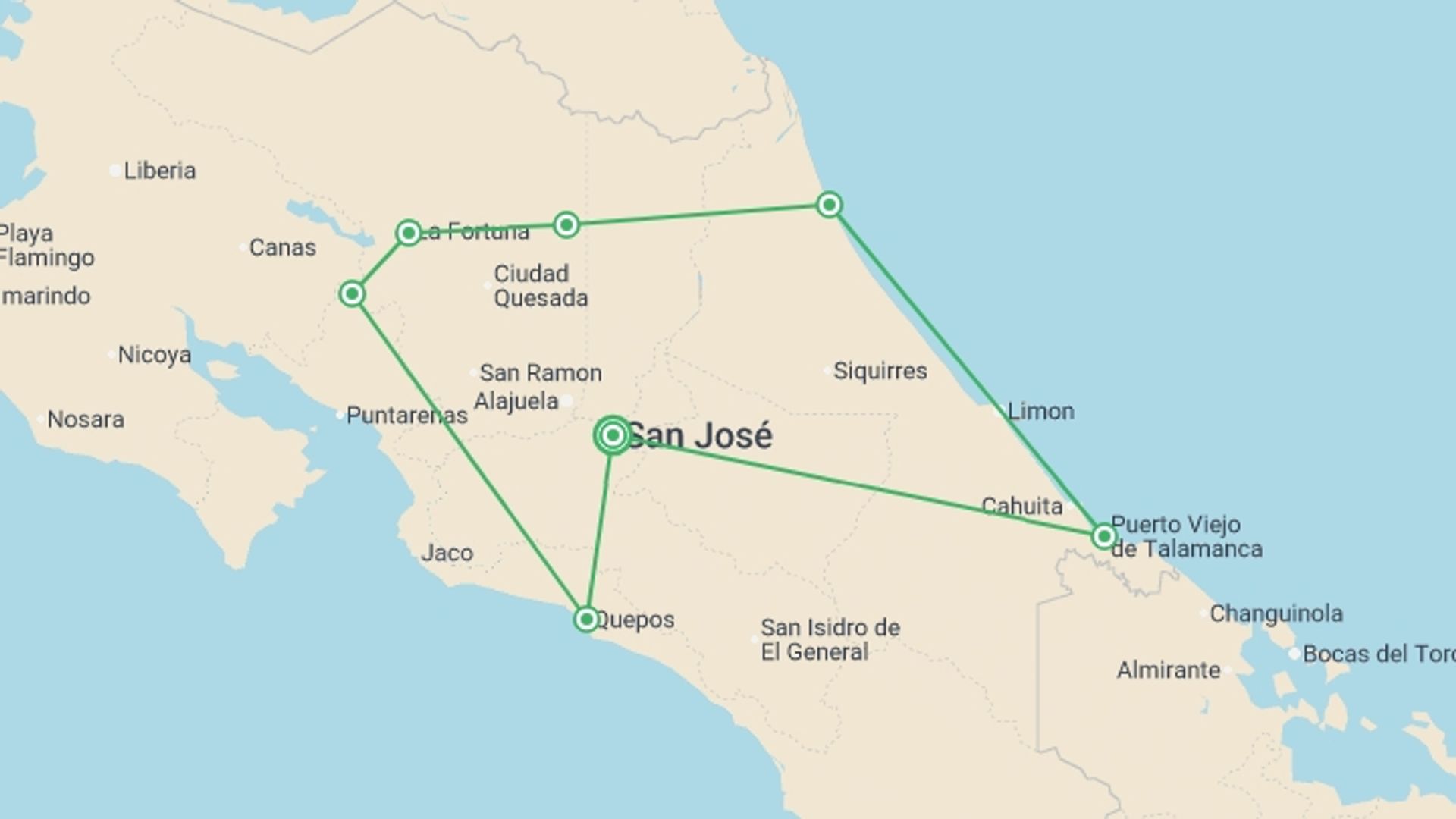 A map showing the tour itinerary for the trip: Costa Rica Adventure, starting in San Jose, Costa Rica and ending in San Jose, Costa Rica going through 8 other destinations.