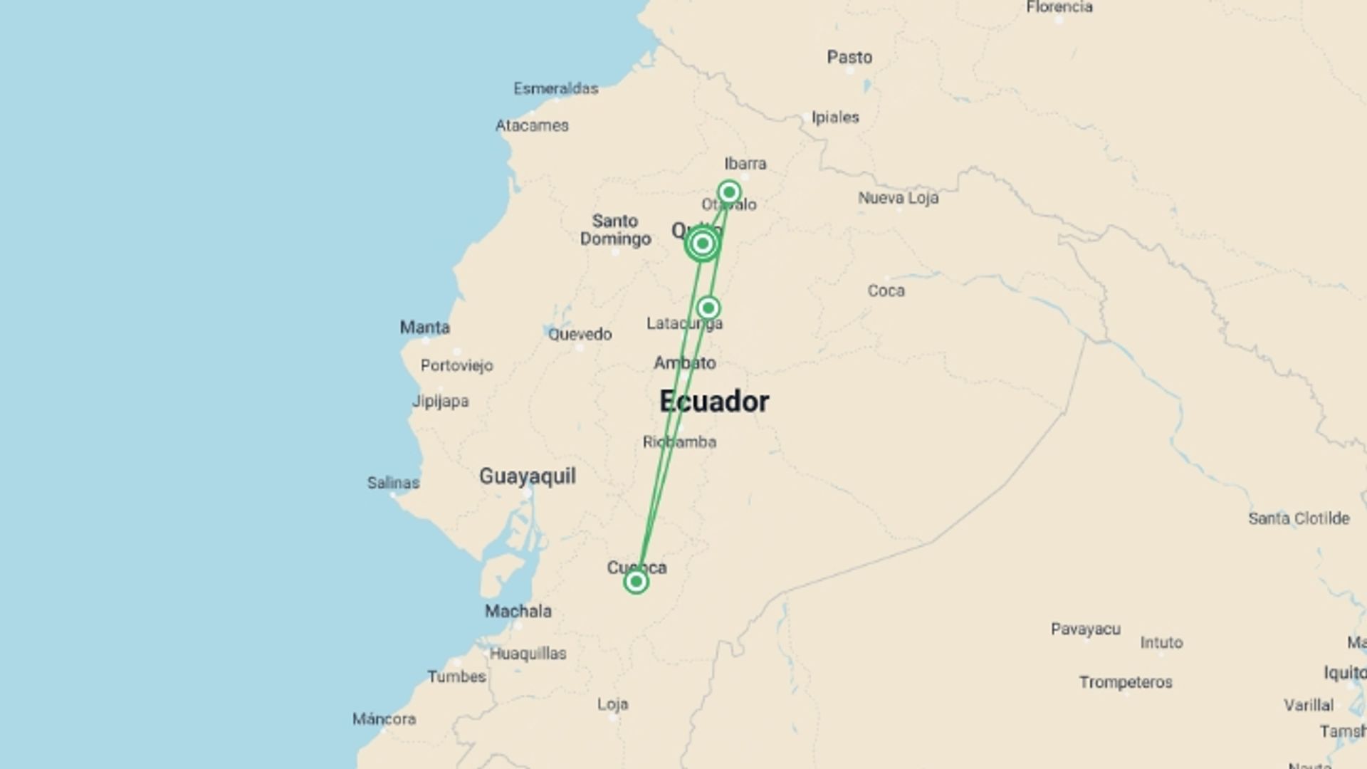 A map showing the tour itinerary for the trip: Highlands of Ecuador, starting in Quito, Ecuador and ending in Quito, Ecuador going through 3 other destinations.