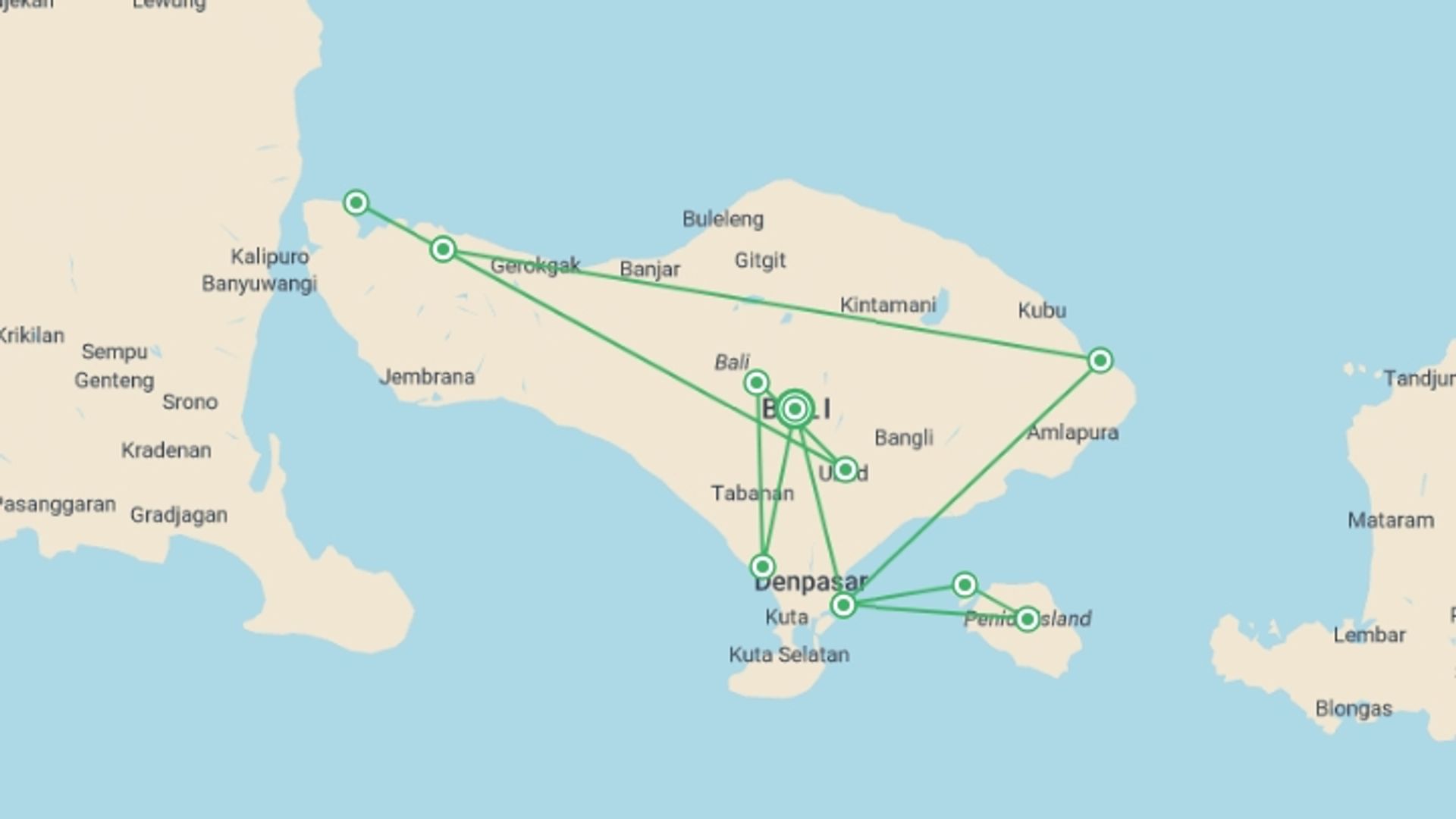 A map showing the tour itinerary for the trip: Bali, Bike & Beach, starting in Bali, Indonesia and ending in Bali, Indonesia going through 5 other destinations.