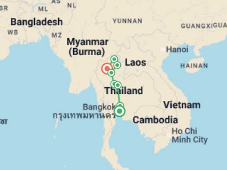 Map itinerary of Asia Tour in September 2026 with 5 destination visits for the trip: Experience Thailand 6 Days, Small Group Tour (english Only)