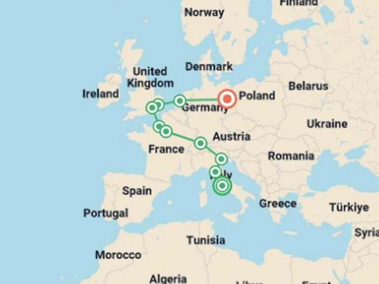 Map of Germany and Italy Tour with 10 destination visits for the trip: Around Europe