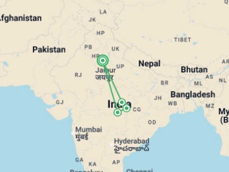 Map of 9-Day New Delhi Tour with 4 destination visits for the trip: Tiger Trail - 9 days