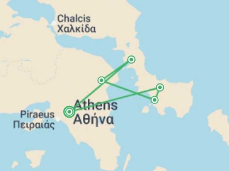 Map of Europe Tour with 5 destination visits for the trip: Family Greek Coast Caique Cruise